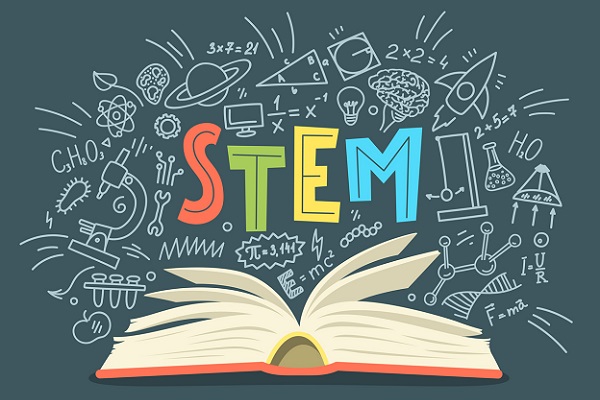 STEM. Science, technology, engineering, mathematics. Stack of books with science education doodles and hand written word "STEM"